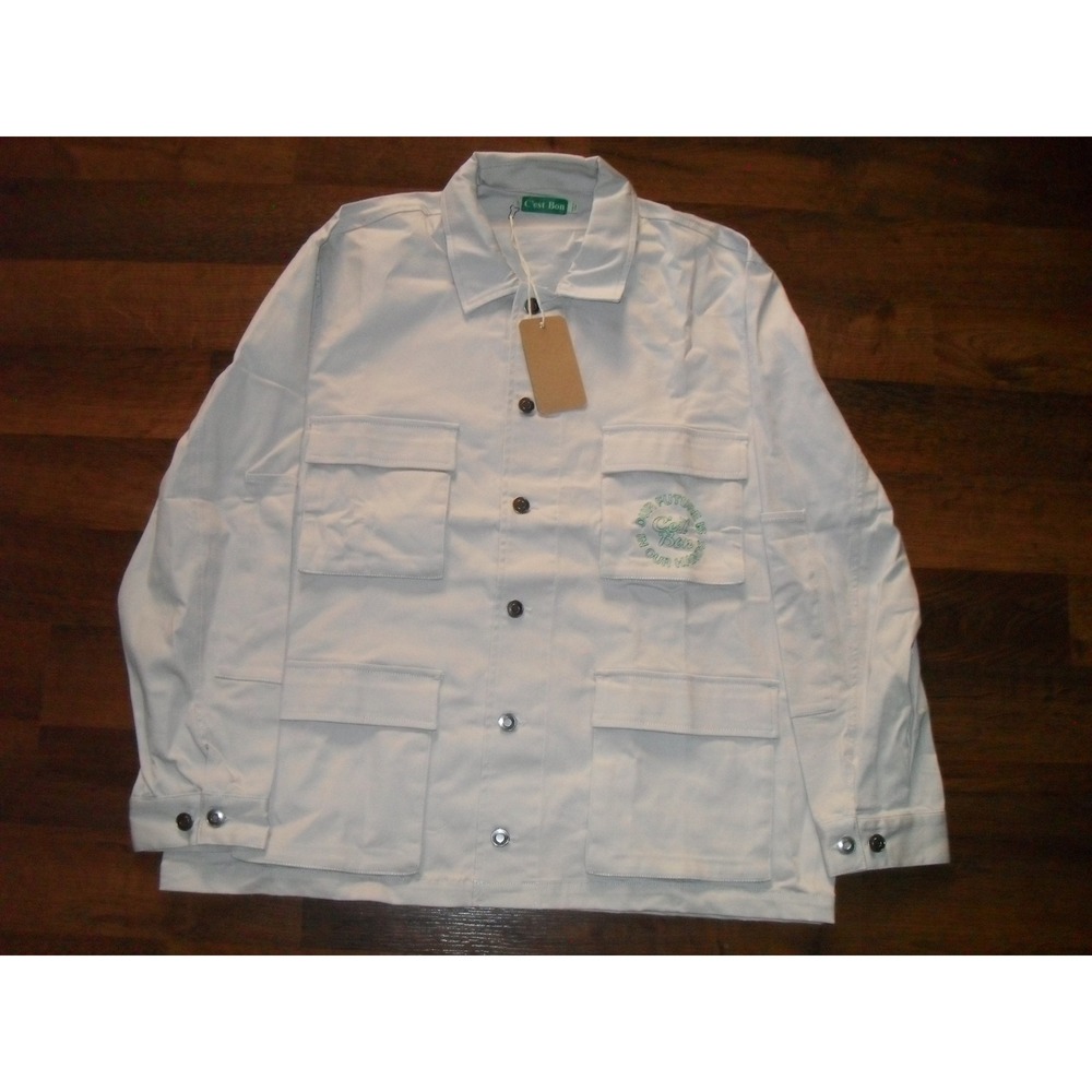 C'est Bon Chore Jacket Workwear Utility Pockets Embroidered Logo Beige‎ Large